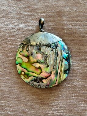 Vintage 925 Sterling Silver Abalone Shell Large Drop Pendant